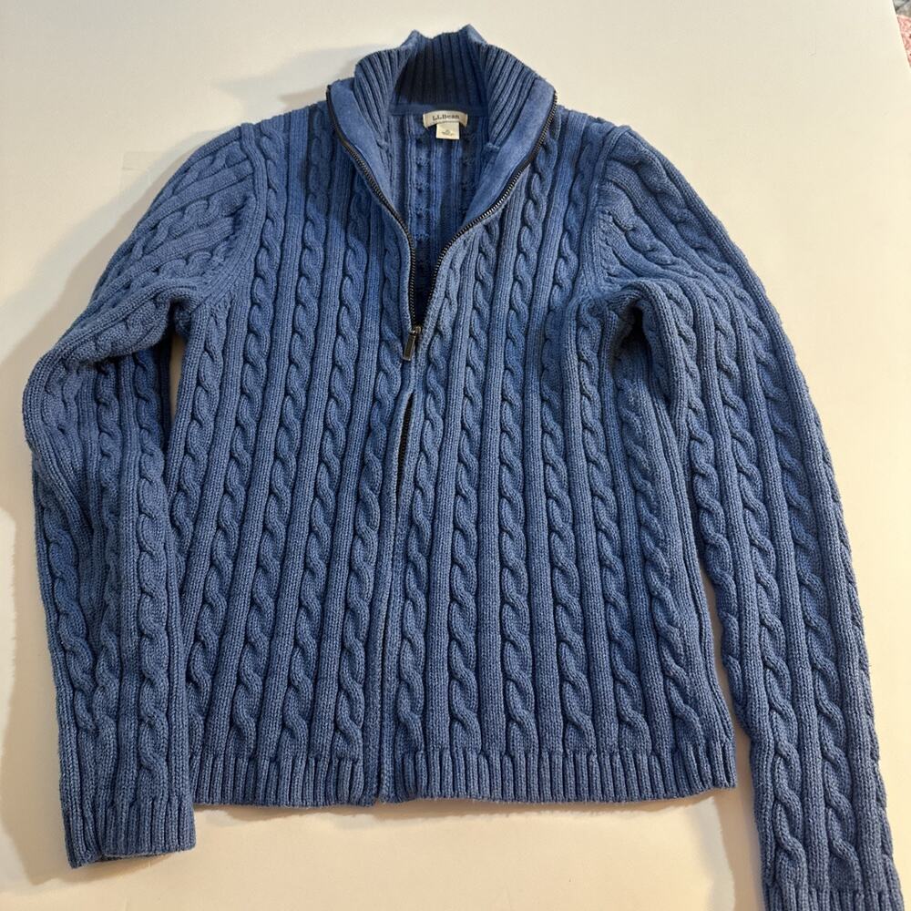 LL Bean Full Zip Cable Knit Fisherman Sweater Womens M Cotton Preppy 90s Cottage